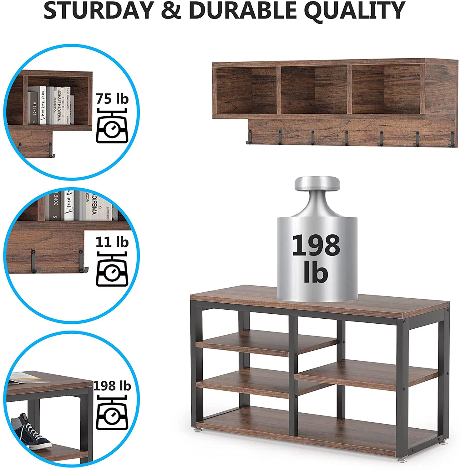 Tribesigns Hall Tree with  Bench, 3 Storage Cubbies, 7 Hooks for Entryway, Hallway