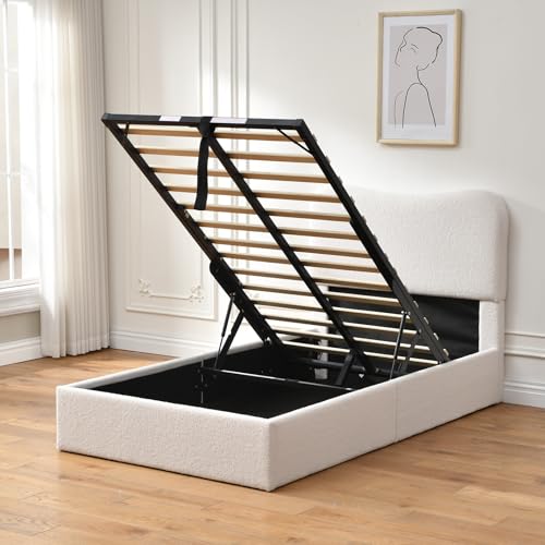 VELOCAVA Queen Size Lift-Up Storage Bed, Upholstered Boucle Bed with Curved Headboard, Rounded Corners, Sturdy Wooden Slat Support