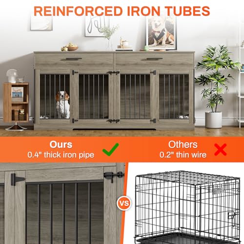 Rophefx 72" Dog Crate Furniture for 2 Dogs, Large Double Dog Kennel Indoor Furniture with 2 Storage Drawers and Removable Divider