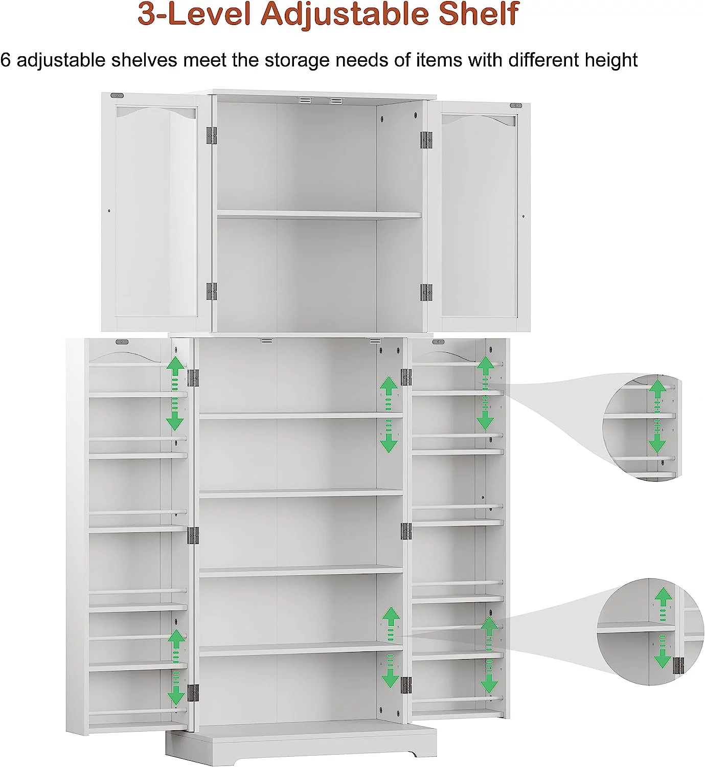 HOMEFORT 64" Kitchen Pantry Cabinet, Modern Tall Cabinet with MDF board and Adjustable Shelves