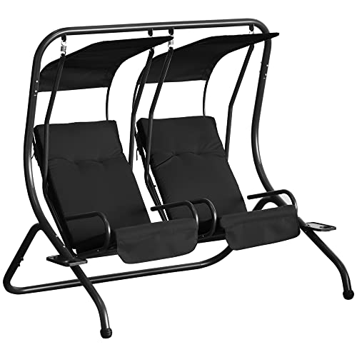 Outsunny Patio Swing Chair with 2 Separate Seats, Outdoor Swing with Removable Canopy and Cup Holders for Porch, Garden, Poolside, Backyard, Gray