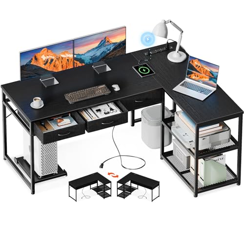AODK 53 Inch L Shaped Computer Desk with Drawers, Corner Desk with Power Outlets & Reversible Storage Shelves