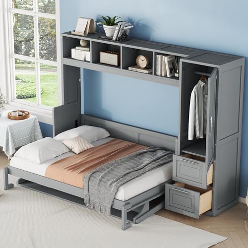 SOFTSEA Full Size Murphy Bed with Closet and Drawers, Wall Bed with Storage Shelves and Cabinet, Wood Bed Frame with Support Slats