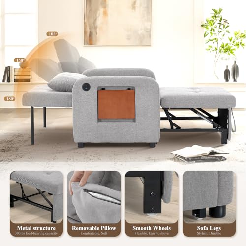 COLAMY Convertible Sleeper Chair-Fabric Futon Sofa Bed, Single Sleeper Sofa, Small Couch Bed with USB Port, Foldable Table, Pillow