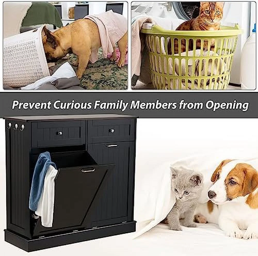 LLBIULife Double Tilt Out Trash Cabinet   Free Standing Laundry Hamper with Hideaway Drawer  Bag  20 Gallon Pet Proof  for Living Room Black