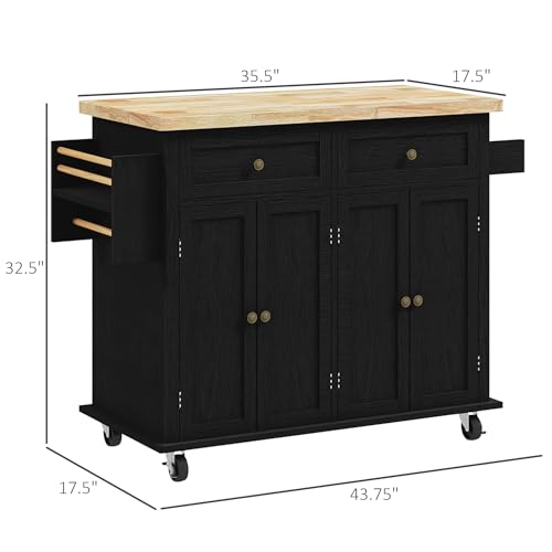 HOMCOM Kitchen Island on Wheels, Rolling Cart with Rubberwood Top, Spice Rack, Towel Rack and Drawers for Dining Room, Navy Blue