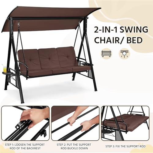 Yaheetech 3-Seat Deluxe Outdoor Patio Porch Swing with Angle-Adjustable Sunshade/Cupholder/Lie Down Hanging Chair, Lounge Chair for 3 People