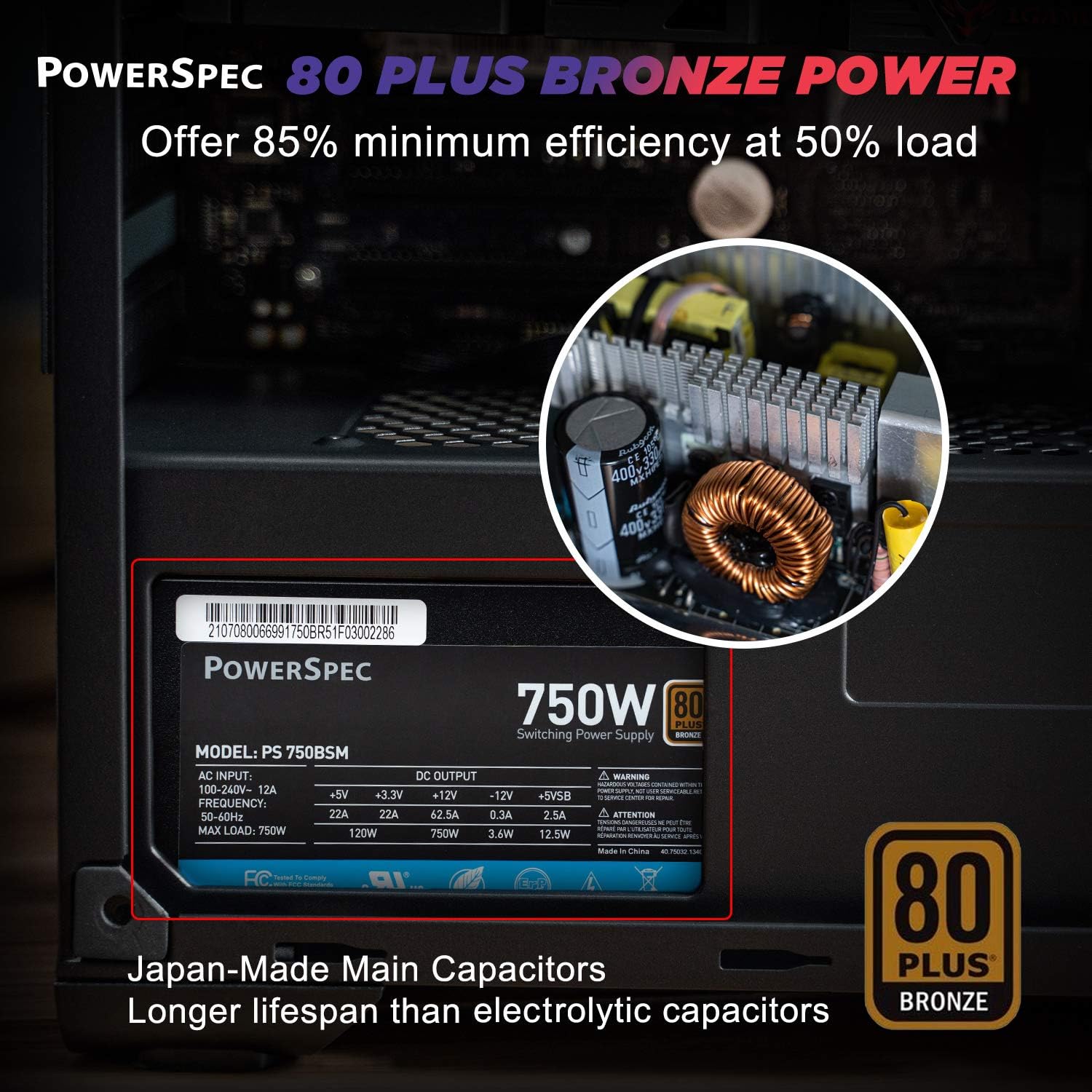 PowerSpec 650W Power Supply 80 Plus Bronze Certified Fixed Cable Non-Modular ATX PSU Active PFC SLI Crossfire Ready Gaming PC Computer Switching