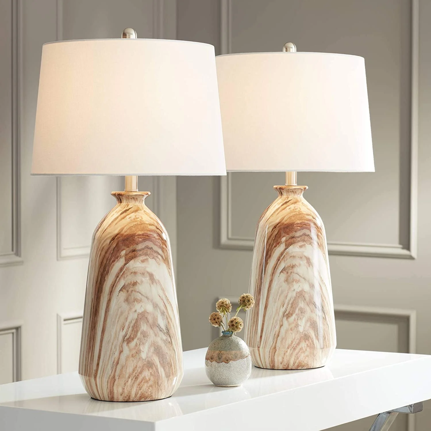 Carlton Modern Rustic Southwestern Table Lamps 28" Tall Set of 2 Swirling Brown Faux Marble White Tapered Drum Shades for Living Room Bedroom House