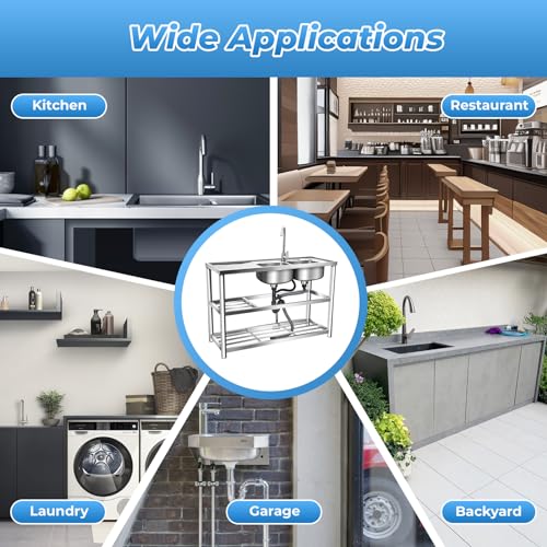 2 Compartment Stainless Steel Commercial Kitchen Utility Sink + Prep Counter Utility Sink Freestanding Stainless Steel Double Bow Kitchen Set
