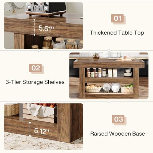 Tribesigns 55-Inch Kitchen Island with Storage, Farmhouse 3-Tier Stationary Island Table with Large Countertop