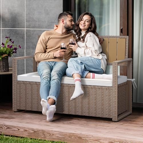 YITAHOME 90 Gallon Outdoor Wicker Storage Bench w/Cushion, Large PE Rattan Deck Storage Box w/Handles & Hydraulics for Patio Furniture, Cushions