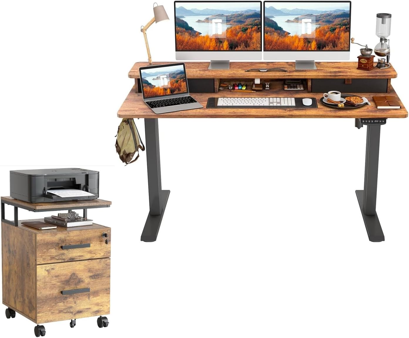 FEZIBO 55"x24" Height Adjustable Electric Standing Desk with Double Drawer 2-Drawer File Cabinet with Lock for Home Office, Rolling Filing Cabinet