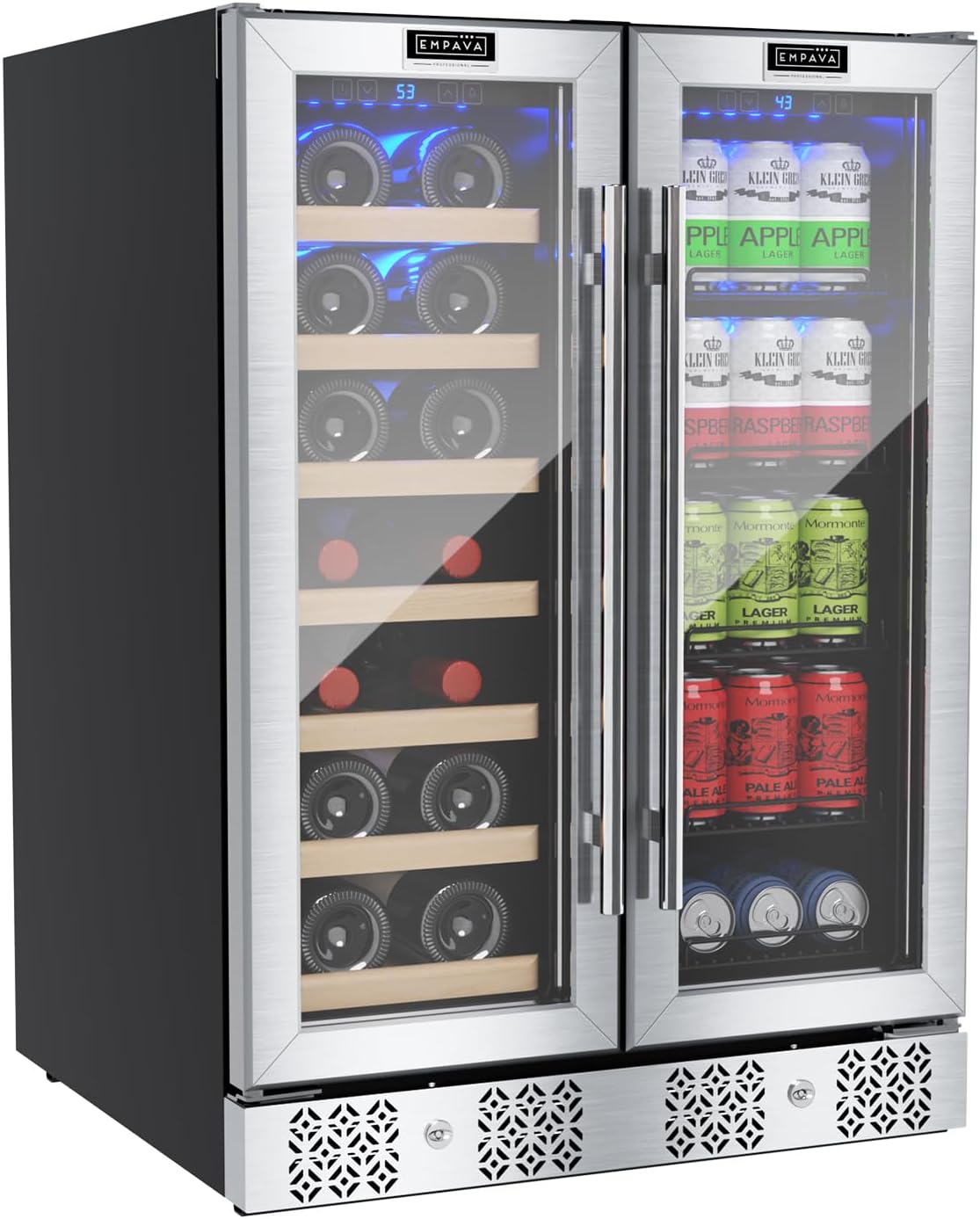 Empava Wine and Beverage Refrigerator Cooler Dual Zone 24 inch, Built-in Counter or Freestanding Fridge with Glass Door and LED Light