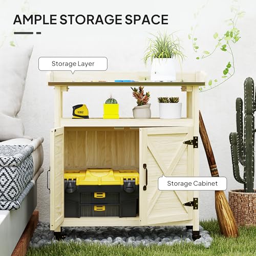 Outsunny Outdoor Wooden Potting Bench Table, Garden Workstation with Storage Cabinet, Aluminum Table Top, Rubber Wheels for Backyard, Patio, Balcony