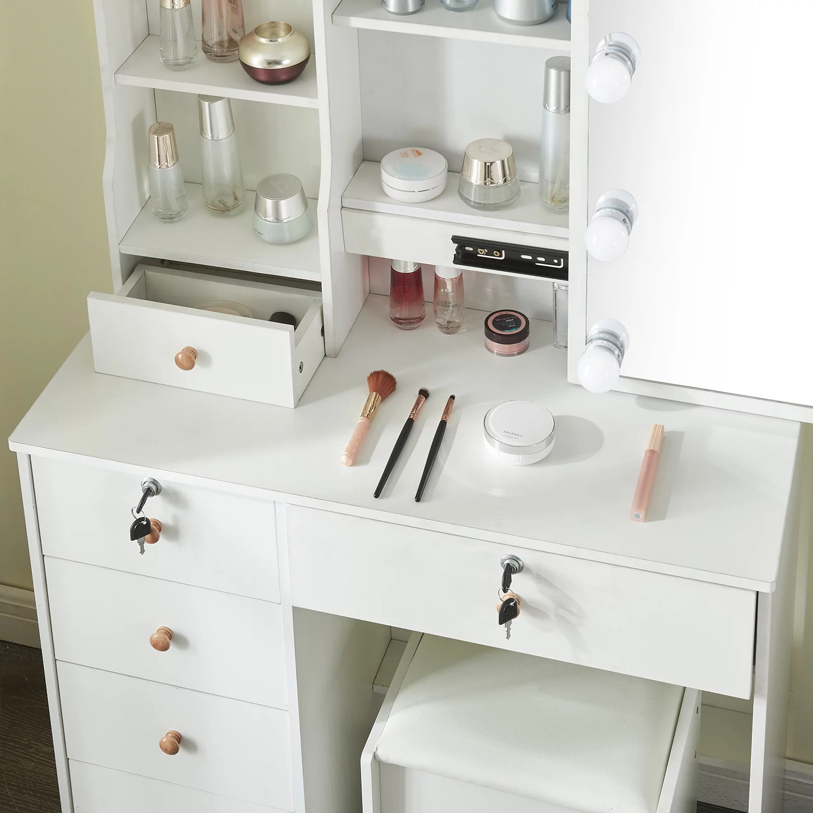 Yamissi Modern Makeup Vanity for Bedroom, Vanity Desk with LED Lighted Sliding Mirror and Stool, Makeup Table with Storage Shelves and Drawers