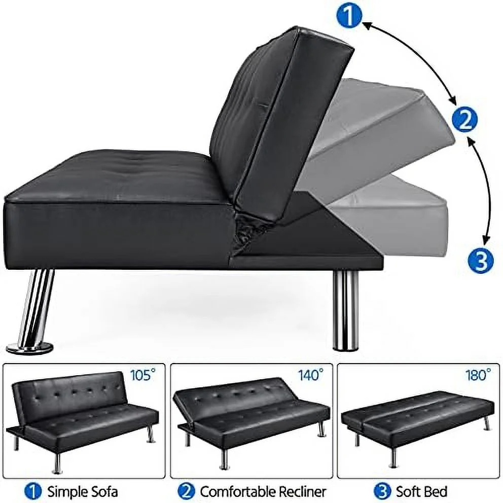RUNFAYBIU Modern Folding Futon Loveseat Black Faux Leather Futon Sleeper Bed Convertible Futon Couch Bed for Living Room