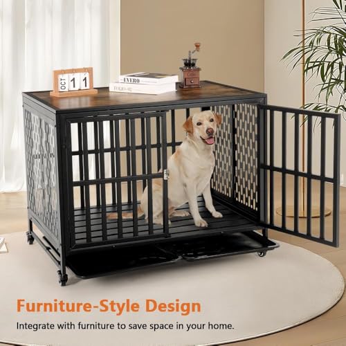 LUCKUP Heavy Duty Dog Crate Furniture for Medium and Large Dogs, Dog Kennel Indoor Dog Cage end Table, Wooden Metal Pet House with Trays