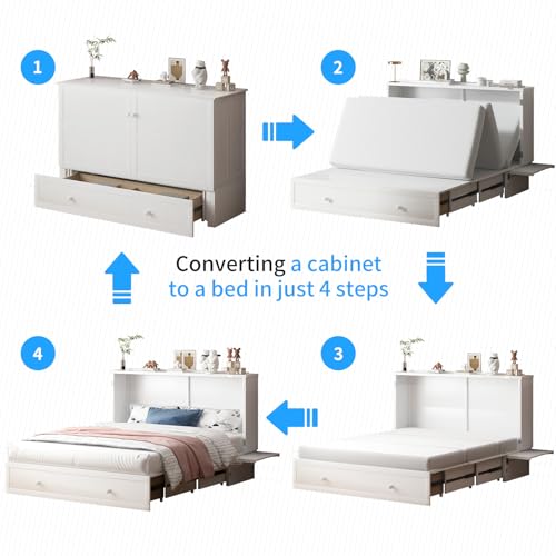 PUREMIND Murphy Bed Cabinet with Mattress Included, Queen Murphy Chest Beds with 2 Storage Drawers, Hideaway Cabinet Bed with USB Charging Station