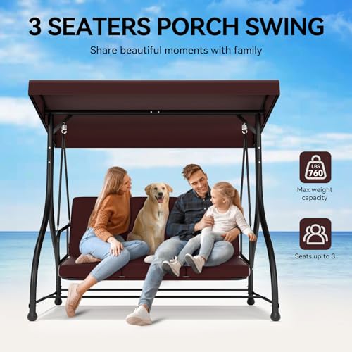 3-Seat Outdoor Porch Swing Glider with Adjustable Canopy, Patio Swings Bed with Removable Cushion for Porch, Backyard, Garden, Poolside, Balcony