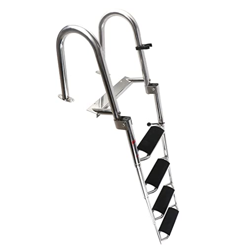 4 Steps Telescoping Boat Ladder Reinforce Dock Ladder Heavy Duty Swim Deck Ladder with Hand Railings and Extra Wide Steps