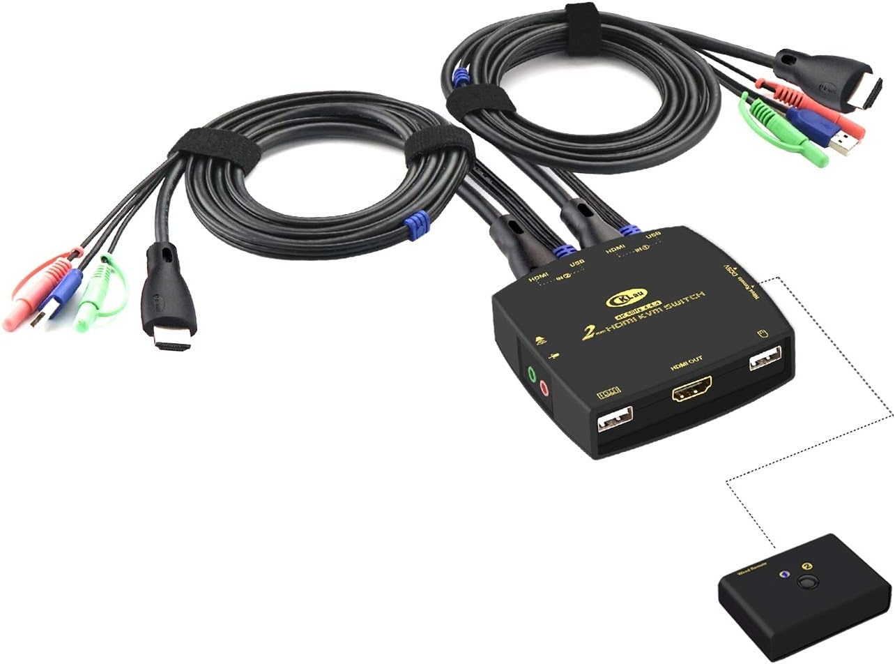 CKLau 4 Port KVM HDMI Switch with Audio, Microphone, 2 USB 2.0 Hub and Cables Support Wireles Keyboard Mouse Resolution Up to 4Kx2K@60Hz 4:4:4