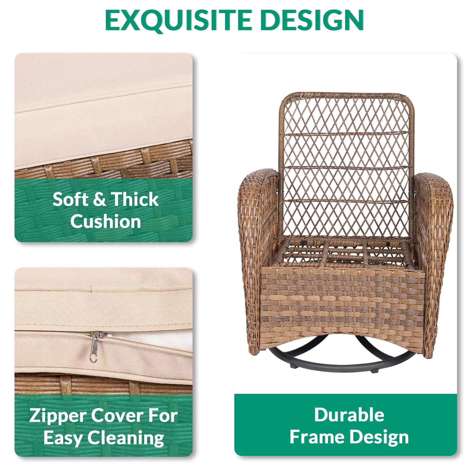 VIVIJASON 3-Piece Outdoor Conversation Bistro Set, Patio Swivel Glider Rocking Chairs Rattan Furniture Sets w/ 2 Rattan Chairs, Cushions
