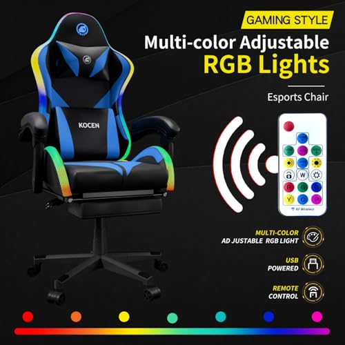 Gaming Chairs for Adults Tall and Kids，Lumbar Support,LED Lights，High Back Reclining Computer Chair with Headrest (Black+Blue)