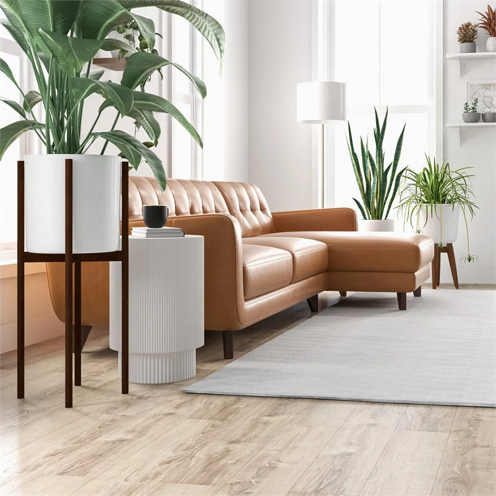 Pemberly Row Mid-Century L-Shaped Leather Right-Facing Sectional in Brown