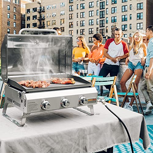 Portable Propane Gas Griddle 3-Burner with Foldable Cart & Side Table, Flat Top Gas Grill Griddle Stove with Lid