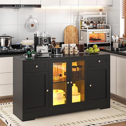 LED Coffee Bar Cabinet with Storage, 55'' Large Sideboard Buffet Cabinet, Wood Coffee Bar Buffet Table with 4 Doors and Charging Station