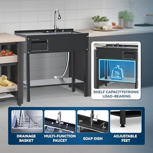 36" Stainless Steel Freestanding Utility Sink with Drawer, Laundry&Utility Room Sinks, Upgrades Faucet, Hoses and Drain Kit