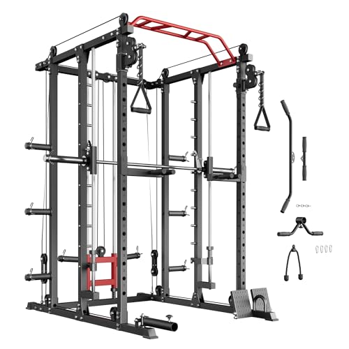 Fitness Deep Squat Machine with Cable Crossover System and Multi-Function Squat Rack Power Cage for Home Gym.