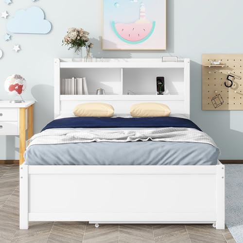 Full Size Storage Bed with Bookcase Headboard and Trundle, Wood Platform Bed Frame with Charging Station