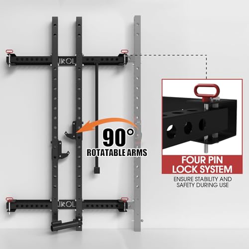 Mikolo 2" x 2" Folding Wall Mounted Squat Rack, 1000 Pounds Capacity Power Rack with Pull Up Bar, J Hooks and Other Attachments, Space-Saving Home Gym