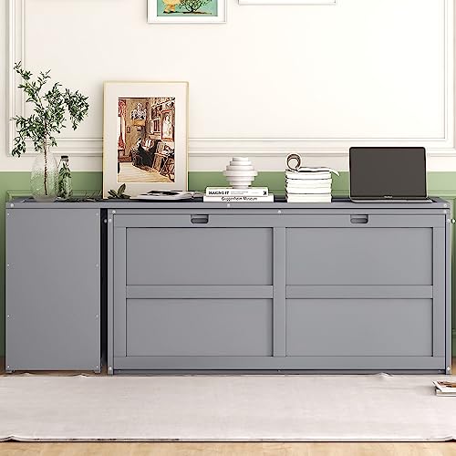 Full Size Murphy Cabinet Wall Bed With Storage and Bookcase Headboard, Solid Wood Cabinet With Shelves and USB Ports, Platform Floor for Home Office