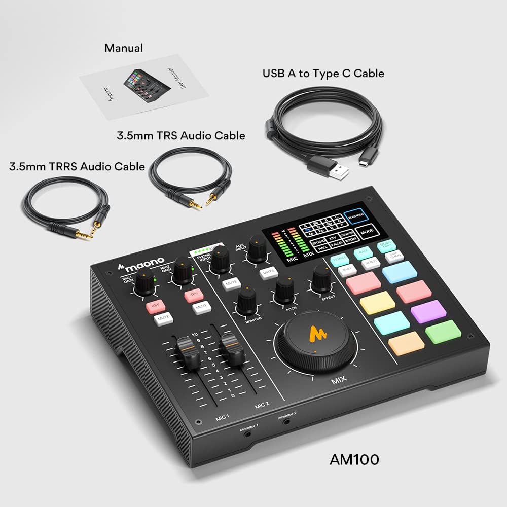 Audio Interface with DJ Mixer and Sound Card, Maonocaster Portable Podcast Production Studio for Guitar, Live Streaming, Recording, Chat, Broadcast