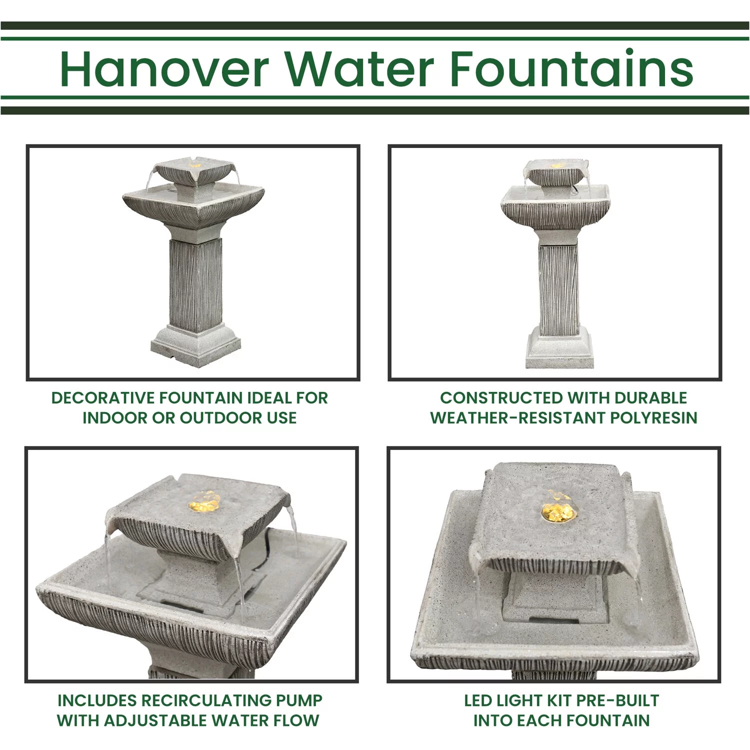 Hanover 26-In. 2-Tier Pedestal Indoor or Outdoor Garden Fountain with LED Lights for Patio, Deck, Porch, HAN026FNTN-01