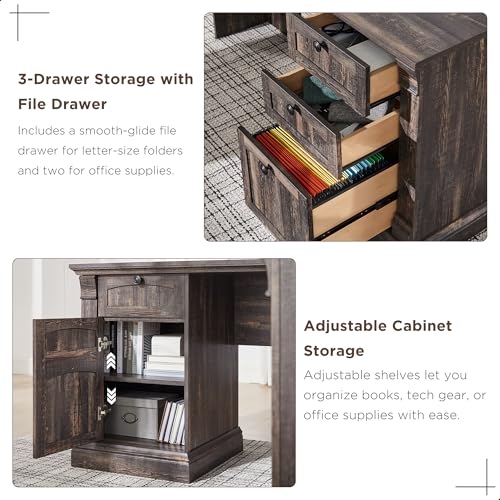 OKD 60" Executive Desk with Drawers, Farmhouse Home Office Desk with Charging Station, Keyboard Tray, File Cabinet Storage