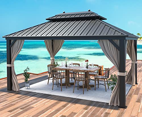 MELLCOM 10'x13' Hardtop Gazebo with Polycarbonate Double Roof, Aluminum Frame Outdoor Gazebo Permanent Pavilion with Curtains and Netting for Patio