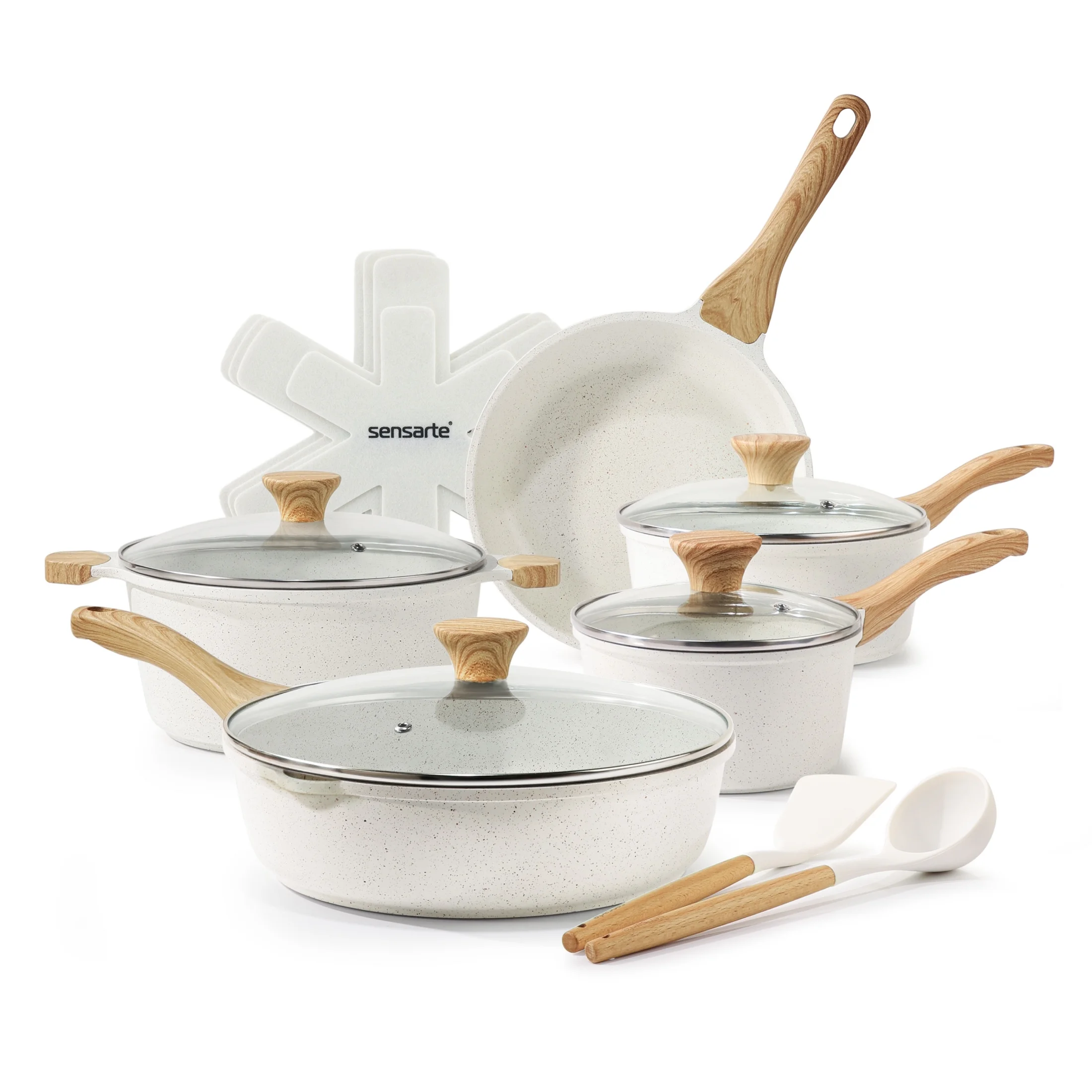Sensarte Ceramic Nonstick Pots and Pans Set, 17 Pieces Healthy Non Stick Cookware Set with Pots Protectors, Induction Kitchen Cookware Sets White