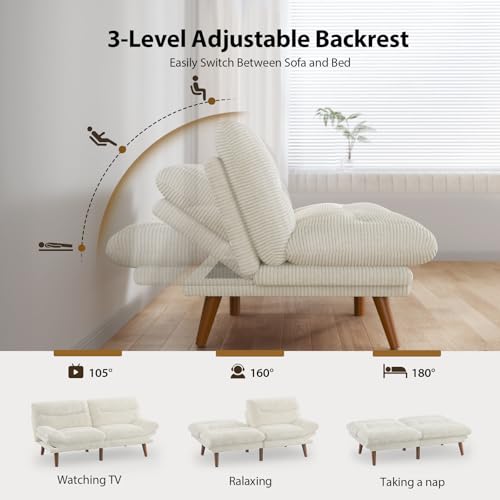 Pipishell Convertible Futon Sofa Bed,66" Corduroy Futon Couch with Adjustable Backrest and Armrests, Recliner Sleeper Sofa for Small Spaces