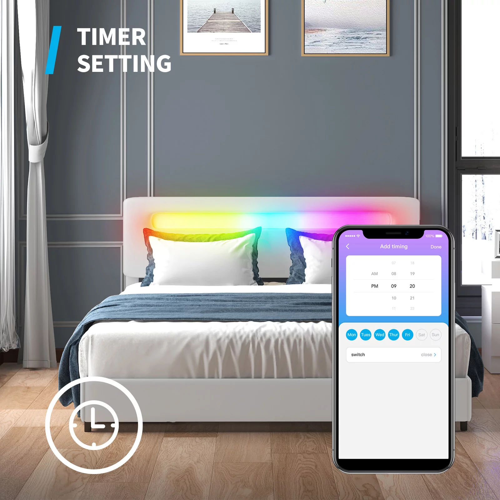 Mjkone King Bed Frame with 4 Storage Drawers, RGB LED Bed Frame with Adjustable Headboard by App Control, Works with Alexa