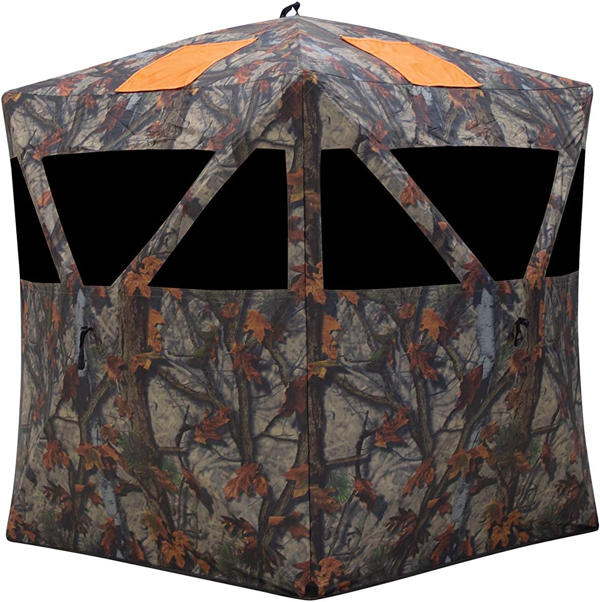 Barronett Blinds Road Runner Hub Hunting Blind, 2 Person Pop Up Ground Blind, Bloodtrail Woodland Camo and Blaze Orange Safety Panels