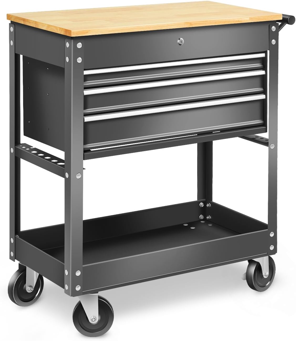 DNA MOTORING 3-Drawers Wood Top Utility Rolling Tool Chest Cabinet with Wheels, Heavy Duty Industrial Service Cart Keyed Locking System