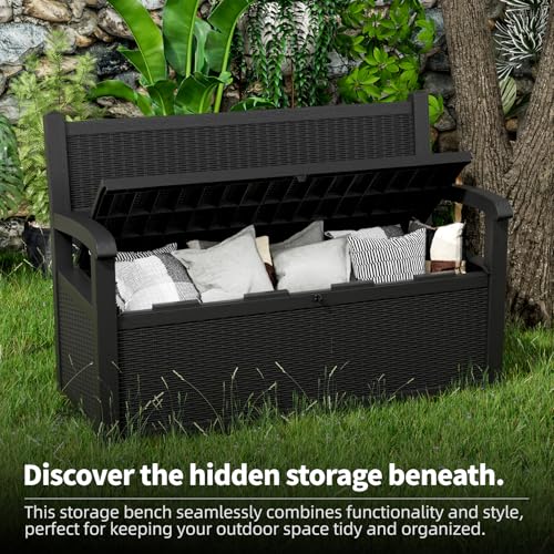 Vixzen 75 Gallon Storage Bench Deck Box Outdoor,Lockable Durable All-Weather Seating with Hidden Storage Furniture,Deck Storage for Garden, Pool