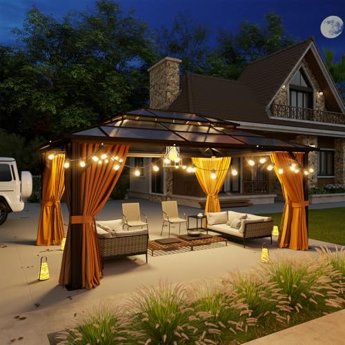 Aoxun 12'x10' Hardtop Gazebo, Aluminum Frame Permanent Pavilion with Curtains and Netting, Outdoor Polycarbonate Double Roof Canopy