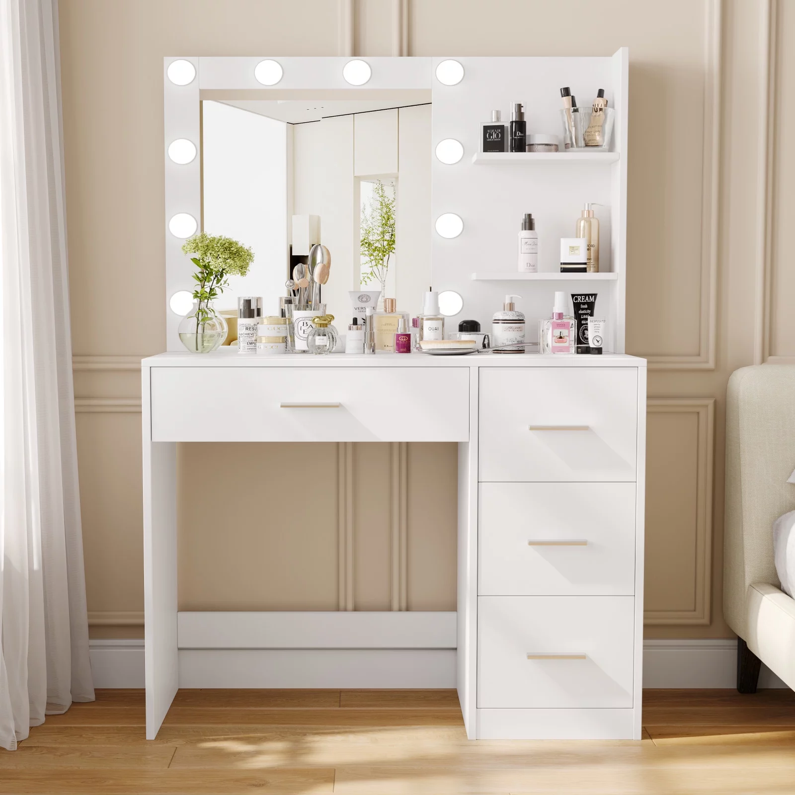 Rovaurx Makeup Vanity Table with Lighted Mirror, Makeup Vanity Desk with Storage Shelf and 4 Drawers, Bedroom Dressing Table, 10 LED Lights