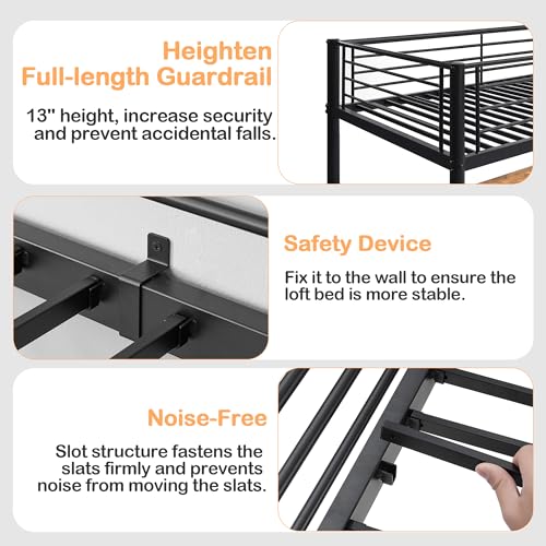 VECELO Metal Loft Bed Twin Size, Heavy Duty Bedframe with Removable Ladder and Safety Guardrail, Space-Saving, Noise Free, No Box Spring Needed