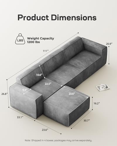 Marsail 142" Oversized Deep U Shaped Modular Sofa, Corduroy Cloud Couches with Deep Seats and High-Back Design